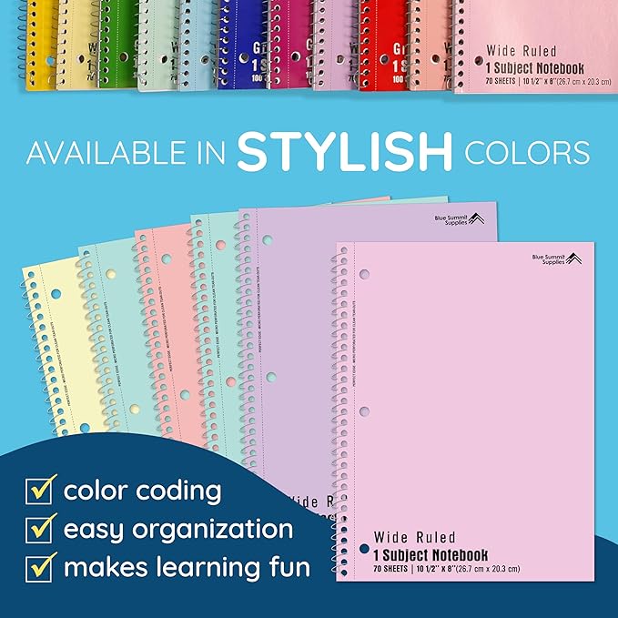 Blue Summit Pastel School Notebooks, 1 Subject Notebooks for School Wide Ruled, 6 Pack-DeskLoop Office