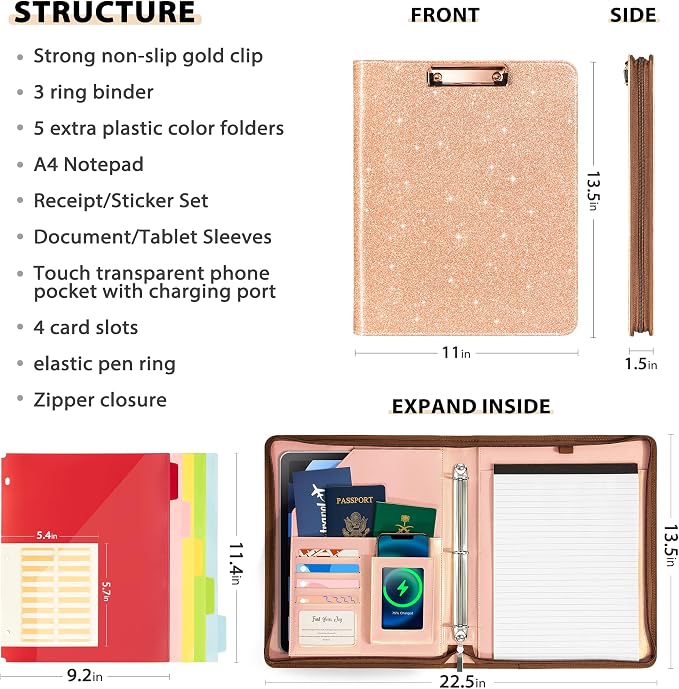 Leather Clipboard with Storage, Zippered Padfolio Portfolio Organizer, 3 Ring - Image 2