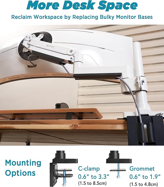 Heavy Duty Monitor Arm for Ultrawide Monitors up to 57" and 44 lbs, Single Desk Stand, Pneumatic Height Adjustable, Modular Extension Arms - Max VESA 100x100, White, MA20PW-S-DeskLoop Office