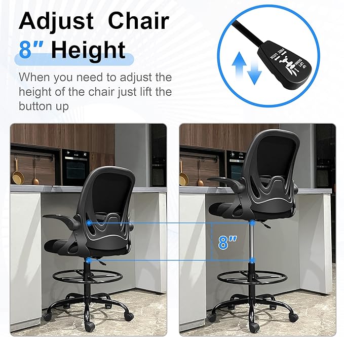 Primy Drafting Chair Tall Office Chair with Flip-up Armrests Executive Ergonomic Computer Standing Desk Chair with Lumbar Support and Adjustable Footrest Ring (Black)-DeskLoop Office