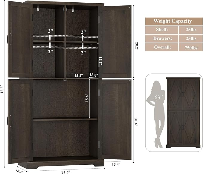 HOSTACK 64" Tall Pantry Cabinet, Modern Farmhouse Kitchen Pantry, Wood Bathroom Storage Cabinet, Large Bookcase, 4 Doors|Adjustable Shelves, for Dining Room, Living Room, Home Office, Dark Brown-DeskLoop Office