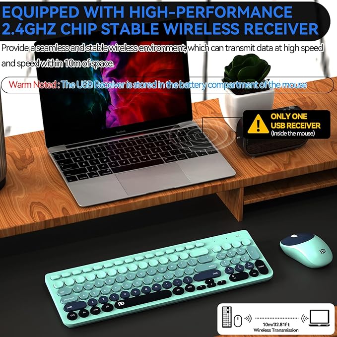 FD Wireless Keyboards and Mouse Combo - 2.4GHz USB Cordless, Cute Wireless Keyboard Round Keys, Quiet and Slim Set for Laptop, Computer, TV and Mac - Indigo Blue Colorful-DeskLoop Office
