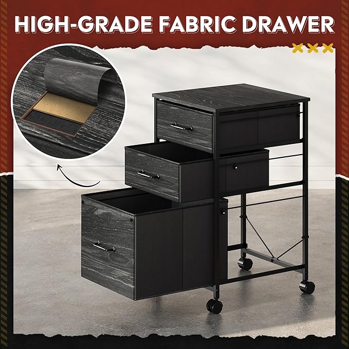 DEVAISE Mobile File Cabinet, Rolling Printer Stand with 3 Drawers, Fabric Vertical Filing Cabinet fits A4 or Letter Size for Home Office, Charcoal Black Wood Grain Print-DeskLoop Office