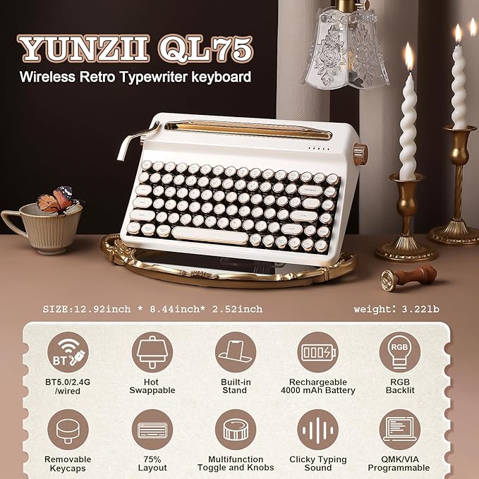 YUNZII QL75 Wireless Typewriter Hot Swap Retro Mechanical Keyboard,Punk Round Keycaps,RGB Backlit QMK/VIA Programmable, Multi-Device Keyboard with 2.4GHz/Type-C/BT5.0 (White, Cocoa Cream V2 Switch)-DeskLoop Office