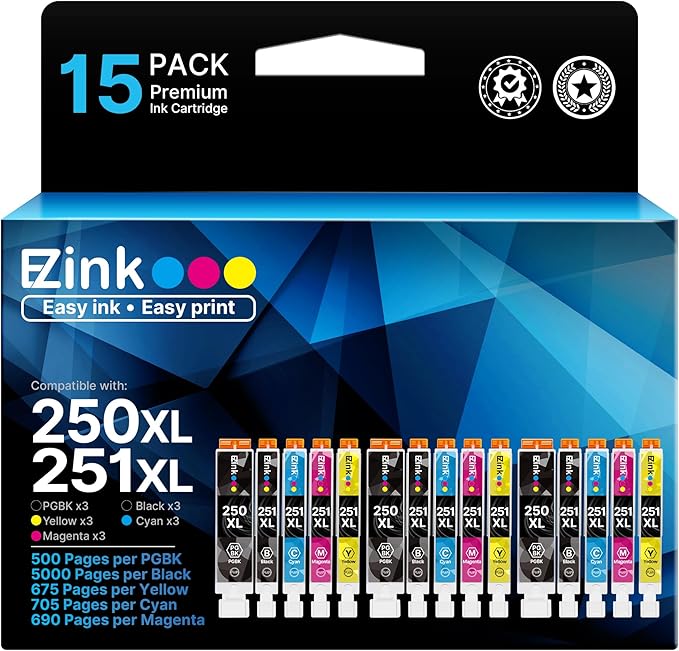 E-Z Ink Compatible Ink Cartridges Replacement for Canon 250 251 XL PGI-250XL CLI-251XL to use with PIXMA MX922 MX920 IX6820 MG5520 MG7520 IP8720 MG6620 MG6320 MG7120 (15 Pack)-DeskLoop Office
