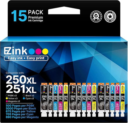 E-Z Ink Compatible Ink Cartridges Replacement for Canon 250 251 XL PGI-250XL CLI-251XL to use with PIXMA MX922 MX920 IX6820 MG5520 MG7520 IP8720 MG6620 MG6320 MG7120 (15 Pack)-DeskLoop Office