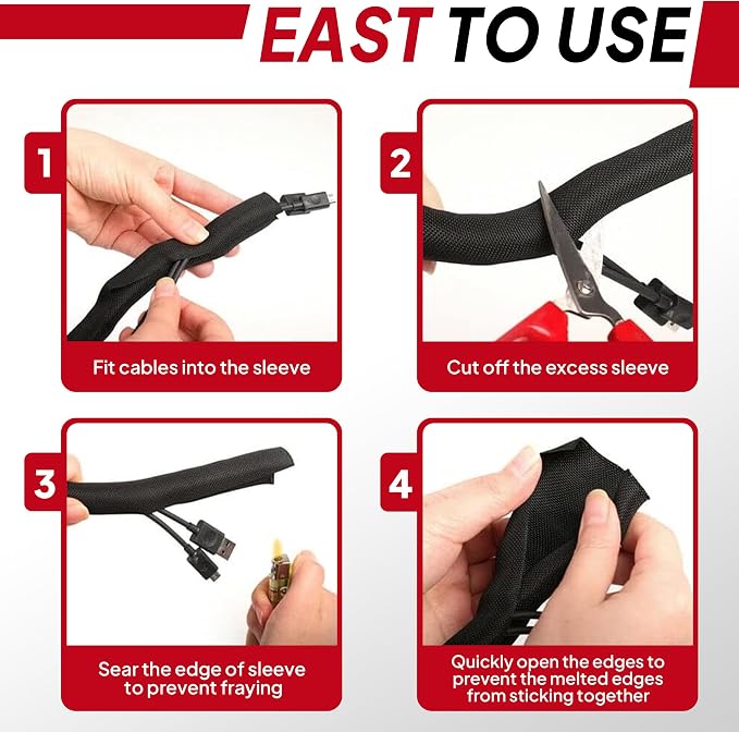 Black Braided Cable Management Sleeves Wire Loom Tubing Cord Protector - Image 8