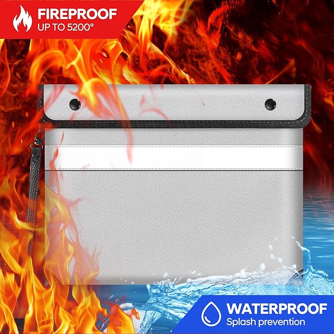 Fire Proof Bag For Documents,5200°F Heat Insulated Fire Proof Pouch with Soft Leather Hand Strap,13.9x10.6 Inch Fireproof Money Bag for Cash/Documents/Valuables(Silvery)-DeskLoop Office