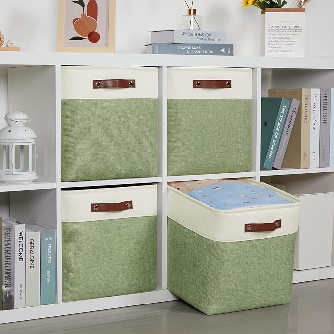DULLEMELO Storage Baskets for Organizing, Linen Closet Organizers and Storage Baskets for Dog Toy Box, 13 Inch Decorative Cube Storage Bins with handle for Baby Gift Basket(4 Pack - 13" White&Green)-DeskLoop Office