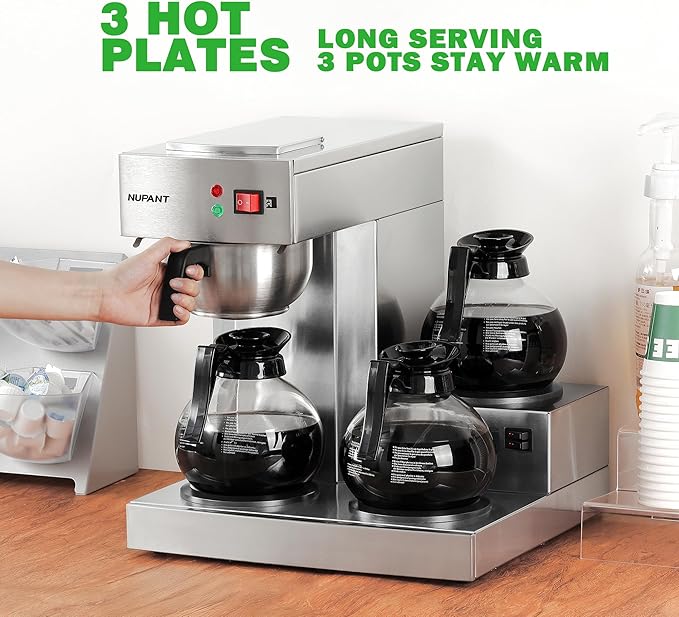 12 Cup Commercial Coffee Maker, Drip Coffee Maker Machine with 3 Warmers Plate and 3 Glass Decanters, Stainless Steel Pour Over Commercial Coffee Brewer for Restaurant, Office, Cafe Use-DeskLoop Office