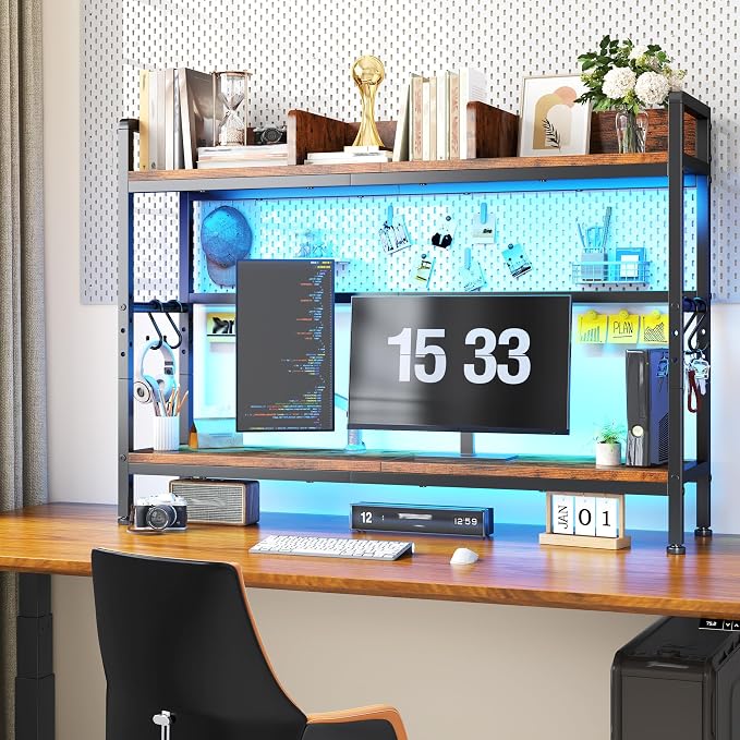REIBII 45.2" Desk Shelf with LED Lights and Hooks, 2-Tier Adjustable - Image 7