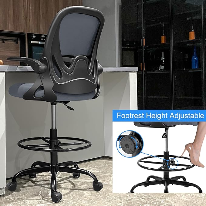 Primy Drafting Chair Tall Office Chair with Flip-up Armrests Executive Ergonomic Computer Standing Desk Chair with Lumbar Support and Adjustable Footrest Ring（Dark Gray）-DeskLoop Office
