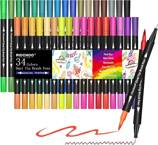 Coloring Markers Pens, 34 Dual Tip Brush Pens, Fine Point Marker set for Kids Adult Coloring Book, Bullet Journaling, Drawing-DeskLoop Office