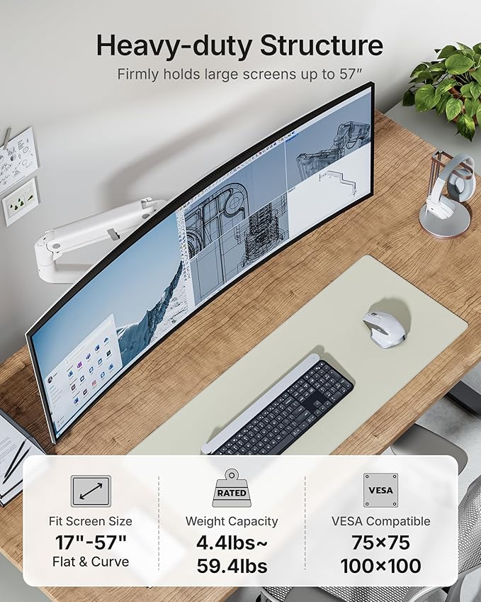 monTEK Single Monitor Arm with USB A/C, Ultrawide Monitor Stand for 17 to 57 Inch Curved Screen, Holds 59.4 lbs, Adjustable Gas Spring Arm, 75/100 VESA Mount, Clamp & Grommet Desk Mount, White-DeskLoop Office
