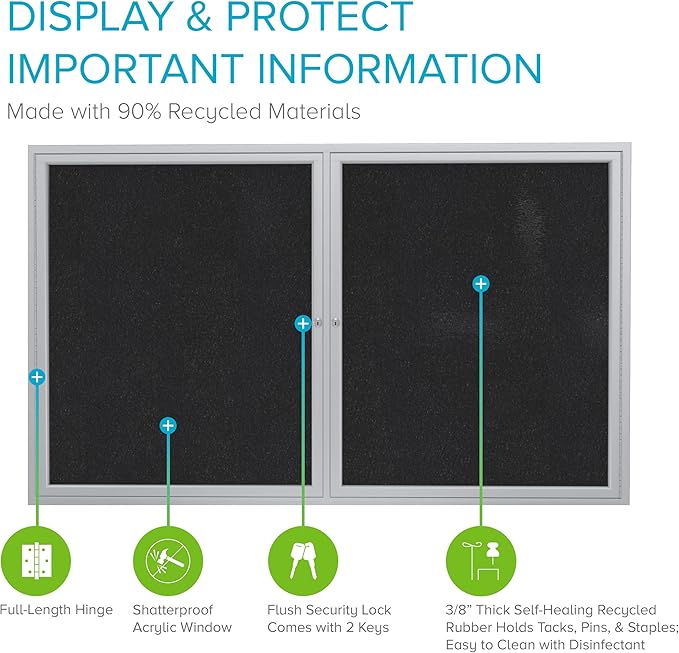 Ghent 36" x 48" 2-Door indoor Enclosed Recycled Rubber Bulletin Board, Shatter Resistant, with Lock, Satin Aluminum Frame,Black (PA234TR-BK) ,Made in the USA-DeskLoop Office