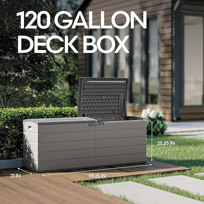 Suncast 120-Gal. All-Weather Patio Deck Box with Pad-Lockable Split Top Lid, Extra-Large Outdoor Storage Unit for Patio Furniture and Grill Tools, Made in the USA-DeskLoop Office