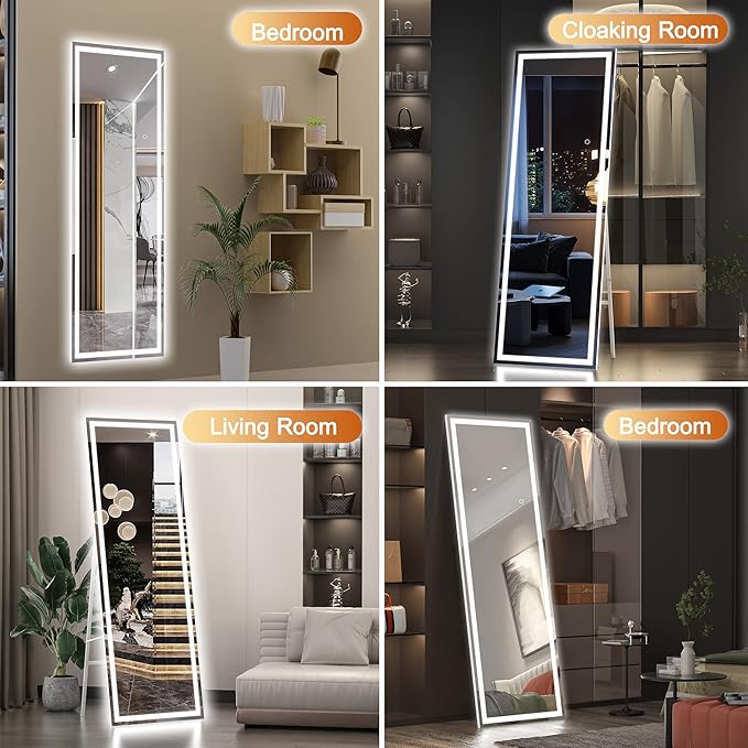 Hasipu Full Length Mirror with Lights, 56" x 15.8" LED Floor Mirror, Full Body Dressing Standing, Hanging Mounted Mirror for Living Room Bedroom Cloakroom, Square Black-DeskLoop Office