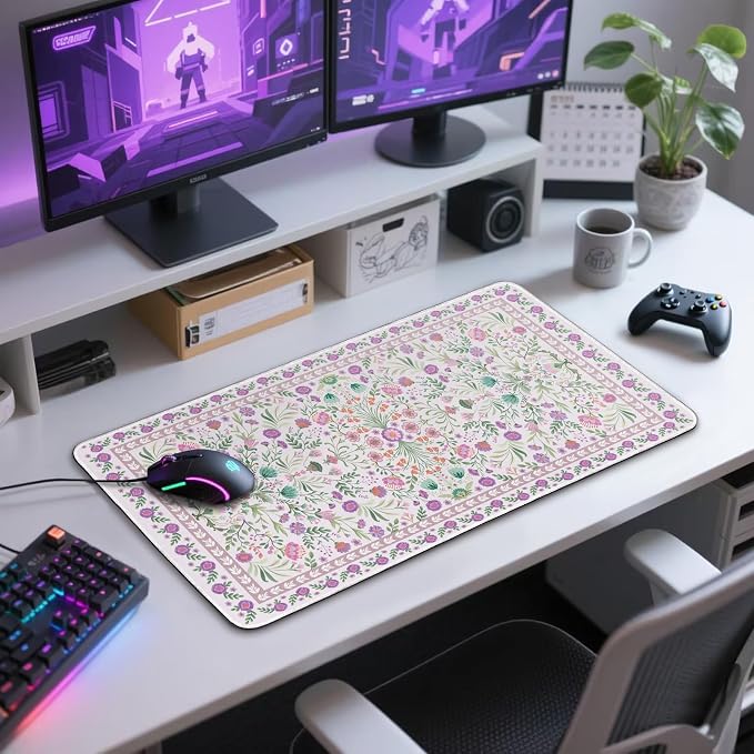 Purple Floral Desk Mat, 31.5"x15.7" Large Mouse Pad, Anti-Slip Rubber Base - Image 10