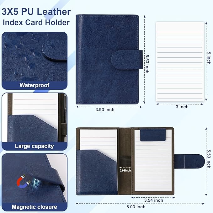 Blue Index Card Holder PU Leather 3x5 Note Card Holder Wallet Portable Pocket - Image 2