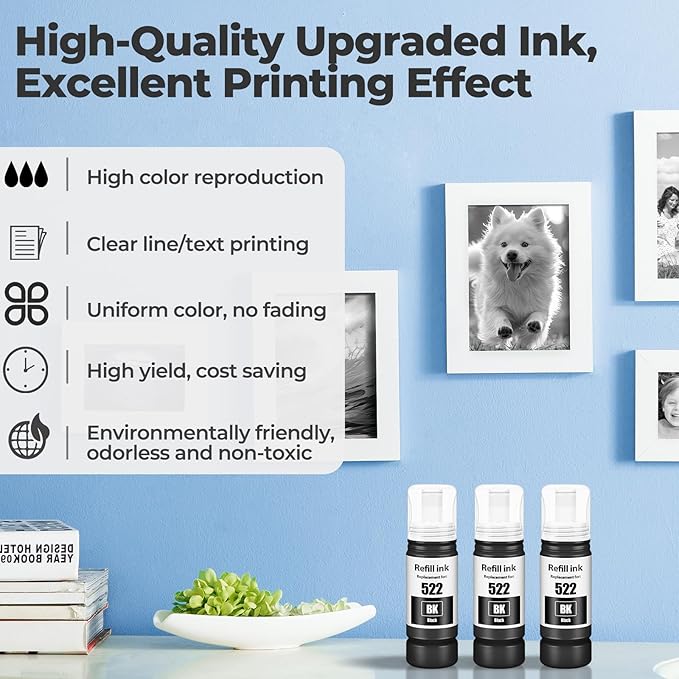 522 Black Ink Refill Bottles ET-2800 ET-4800 ET-2400 ET-2803 ET-2720 Replacement for T522 522 Ink Refill Bottles Black Use for Eco Tank ET-2400 ET-2720 ET-2800 ET-2803 ET-2840 ET-4800 ET-4810 Printers-DeskLoop Office