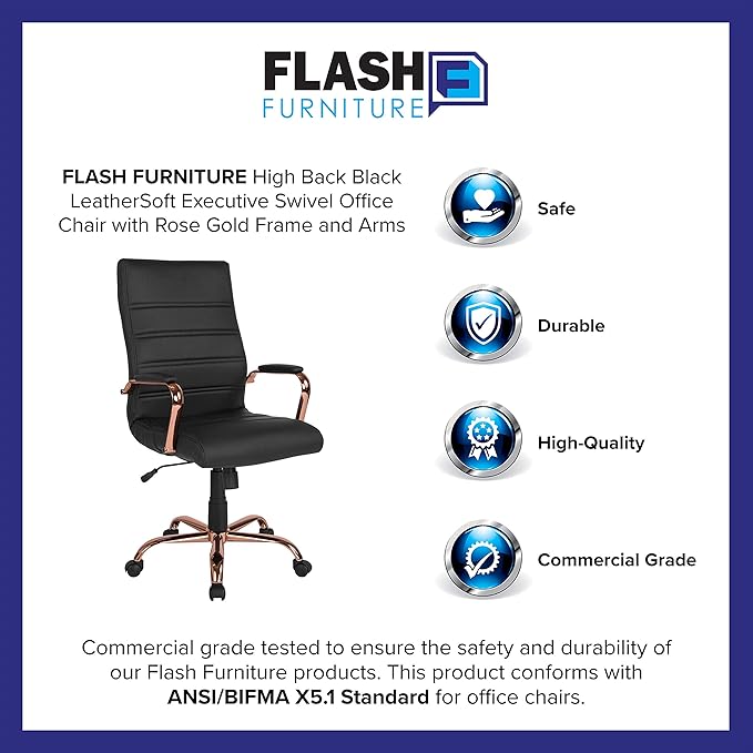 Flash Furniture Whitney High-Back Swivel LeatherSoft Desk Chair with Padded Seat and Armrests, Adjustable Height Padded Office Chair, Black/Rose Gold-DeskLoop Office