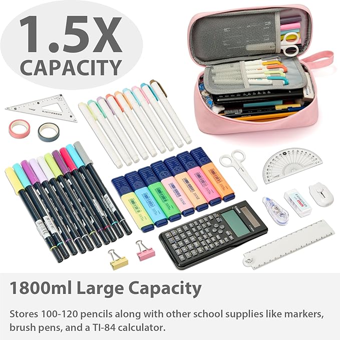 Pencil Case Pouch Box Bag School Supplies Girls Boys Kids, Cute Preppy Stuff Large Big Capacity Aesthetic Pen Organizer, Back to College Stationary, Pink, Classic Stlye, 1800ml-DeskLoop Office