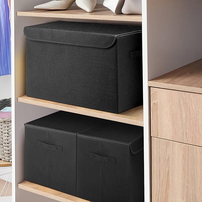 Large 17" 42 Quarts Collapsible Stackable Storage Bins with Lids [3-Pack] Foldable Fabric Linen Storage Boxes Cube, Closet Organizer Baskets with Label (16.7 x 12 x 12", Black)-DeskLoop Office