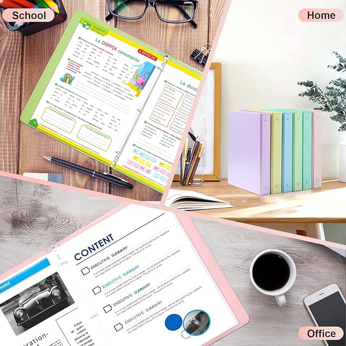 0.5 inch 3-Ring Binder, 1/2 inch Round Ring Binder with 2 Inside Pockets, Clear View Cover Binders Holds 8.5'' x 11''Paper，Pastel Color Binders for Office/Home/School Supply, 6 Pack-DeskLoop Office