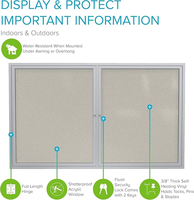 Ghent 48"x60" 2-Door Outdoor Enclosed Vinyl Bulletin Board, Shatter Resistant, with Lock, Satin Aluminum Frame - Ivory (PA24860VX-185), Made in the USA-DeskLoop Office