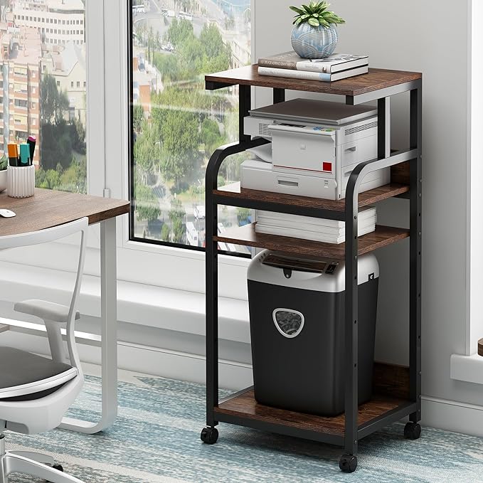 4-Tier Printer Stand with Adjustable Storage Shelf, Large Tall Printer Table with Wheels for Home Office Small Spaces Organization, Rustic Brown-DeskLoop Office