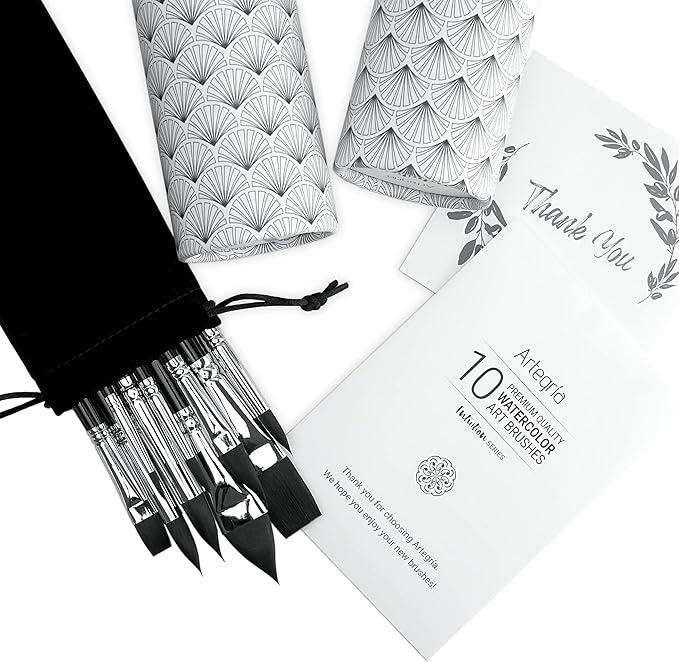 ARTEGRIA Watercolor Brush Set, 10 Professional Soft Synthetic Squirrel Paint Brushes, Including Pointed Rounds, Flats, Dagger, Oval Wash-DeskLoop Office