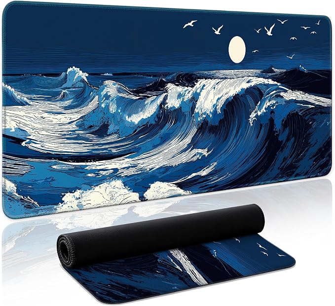 Aesthetic Desk Mat, Cute Moonlit Waves Desk Pad Protector by Zotia