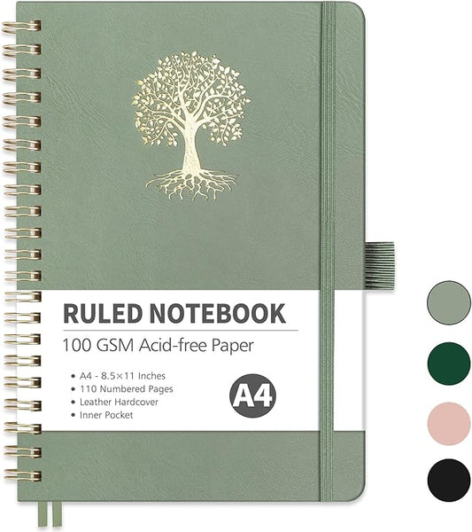 RETTACY Spiral Journal Notebook, 110 Numbered Pages, A4 Large Size (8.5'' x 11''), for Men & Women, Journaling, Writing, Work & Office, Leather Hardcover, 100 GSM Thick Paper (Light Green)-DeskLoop Office