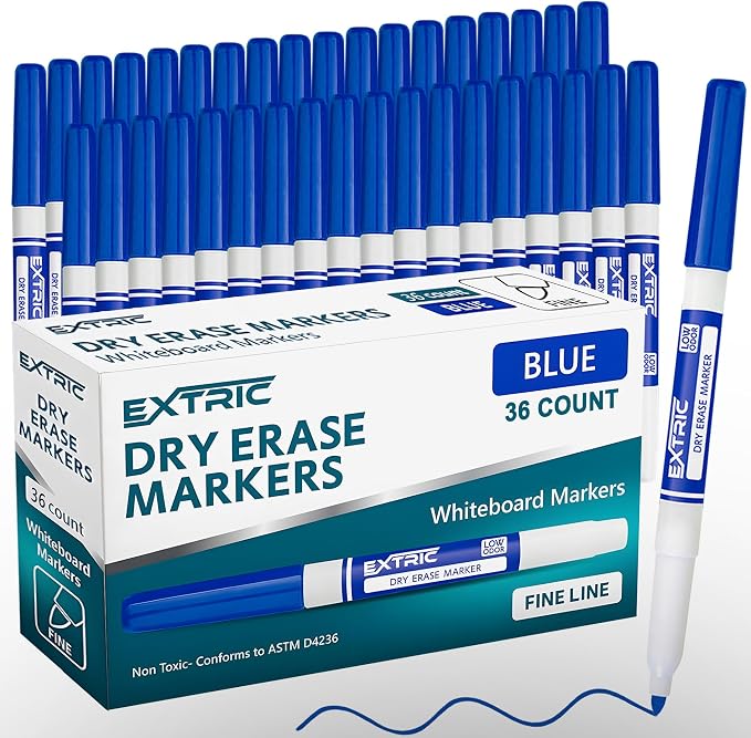EXTRIC Blue Dry Erase Markers Fine Tip 36 PK Whiteboard Markers | Use: School by EXTRIC