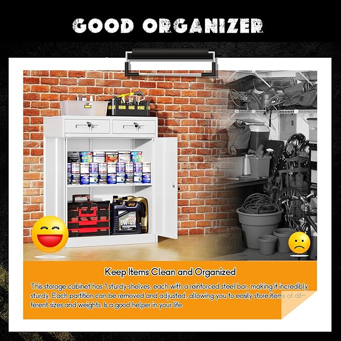 Greenvelly Metal Storage Cabinet, 42' White Steel Garage Cabinet with 2 Doors, Adjustable Shelves, Locking for Office, School or Tool Organization-DeskLoop Office