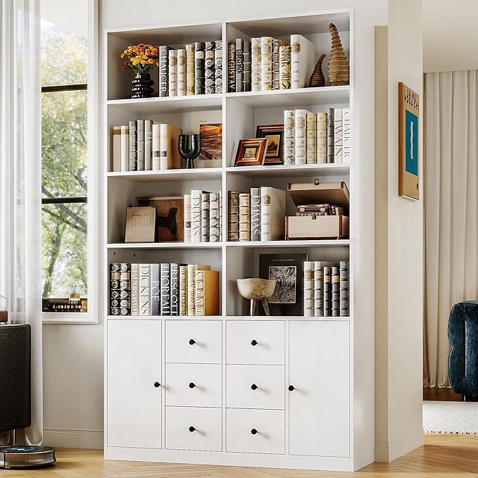 IRONCK 78.7" Bookcase with 6 Drawers, 6 Tier Large Bookshelf with 2 Doors, Large Bookcase with Adjustable Shelves, Tall Storage Cabinet for Home Office, Living Room, White-DeskLoop Office