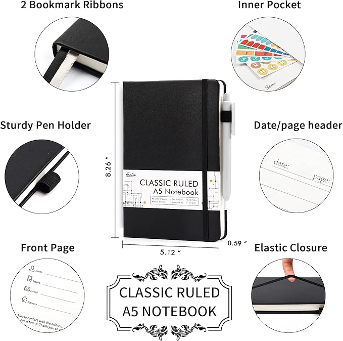 5 Pack Journal Notebook Bulk for School, Feela Hardcover Business Notebooks Classic Ruled Lined Journals with Pen Holder for Work Note Taking, with 5 Black Pens, 120 GSM, 5.1”x8.3”, A5, Black-DeskLoop Office