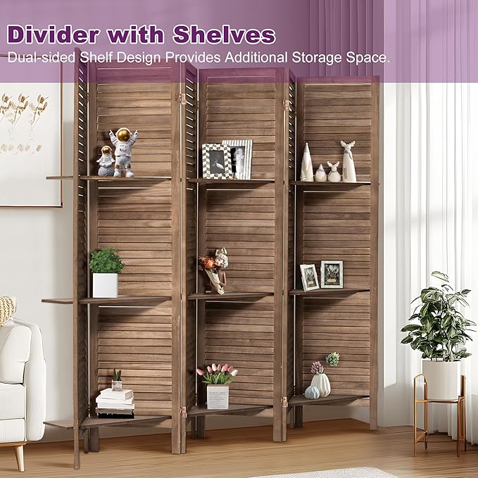 Room Divider with Shelves, 5.6FT Folding Room Divider Panel, 6 Panel Wood Partition Wall Divider for Room Separation, Dark Brown-DeskLoop Office