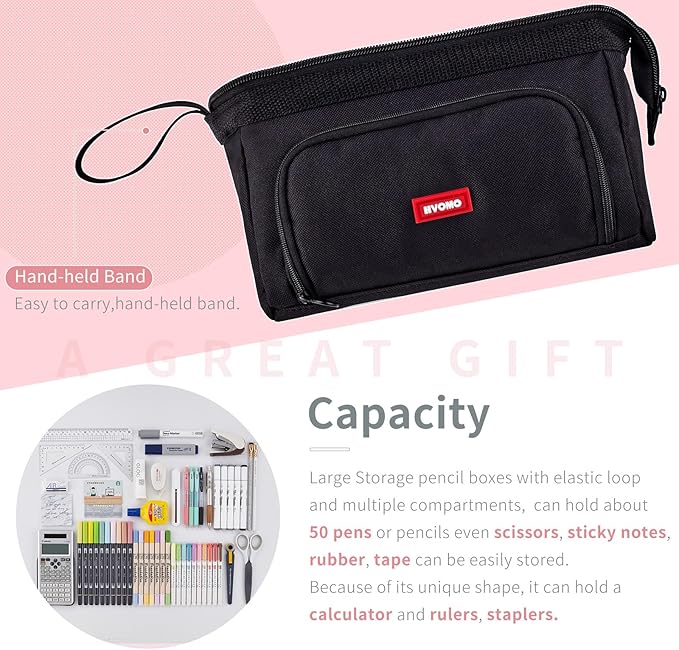 HVOMO Pencil Case Large Capacity Pencil Pouch Handheld Pen Bag Cosmetic Gift for Office School Teen Girl Boy Men Women Adult (Black)-DeskLoop Office