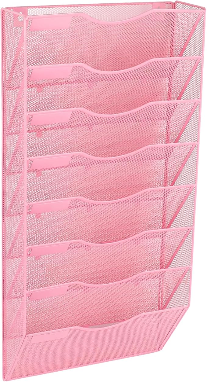 EASEPRES 8 Pocket Mesh Hanging Wall File Organizer, Wall Mounted Mail Paper Document Folder Holder, Clipboard Storage Organization Magazine Rack with Nametag Label for Office Home School, Pink-DeskLoop Office