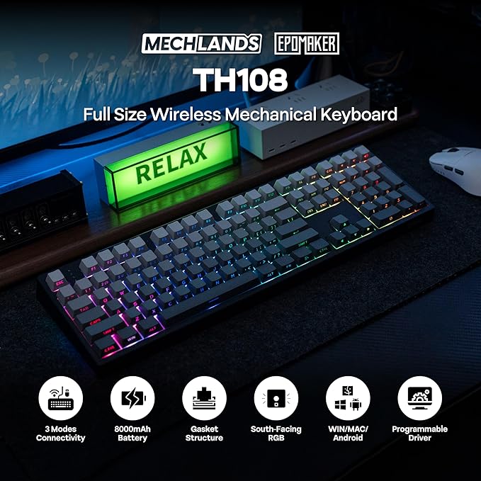 EPOMAKER TH108 Full Size Mechanical Keyboard, Wireless Gaming Keyboard, 8000mAh Battery, Creamy Gasket, 108 Keys, Hot Swap, Custom Driver, RGB Backlights (Black, Creamy Jade Switch)-DeskLoop Office
