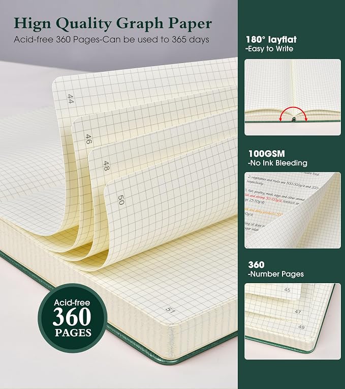Graph Paper Notebook Journal, 360 Numbered Pages Grid Notebooks, Thick 100gsm - Image 2