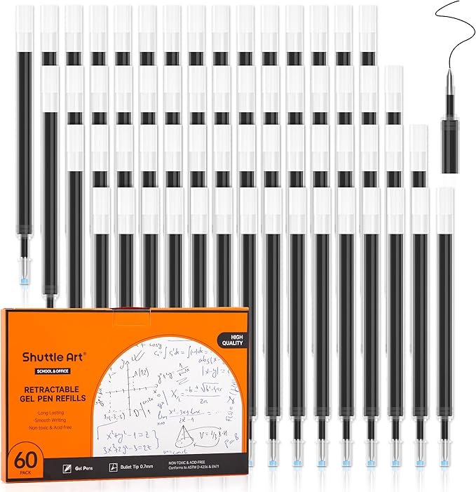 Retractable Gel Pen Refills, Shuttle Art 60 Pack Black Rollerball Gel Ink Pens by ShuttleArt