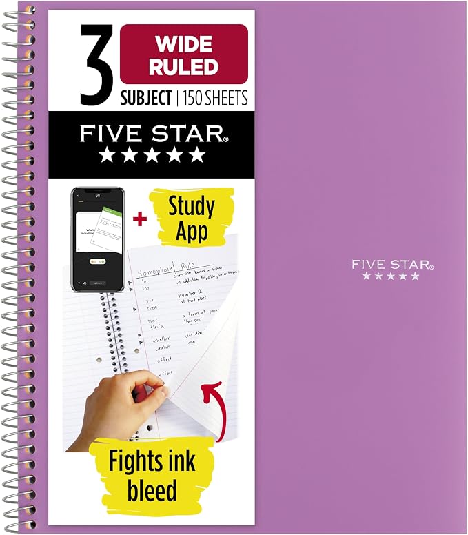 Five Star Spiral Notebook + Study App, 3 Subject, Wide Ruled Paper, 150 Sheets by FiveStar