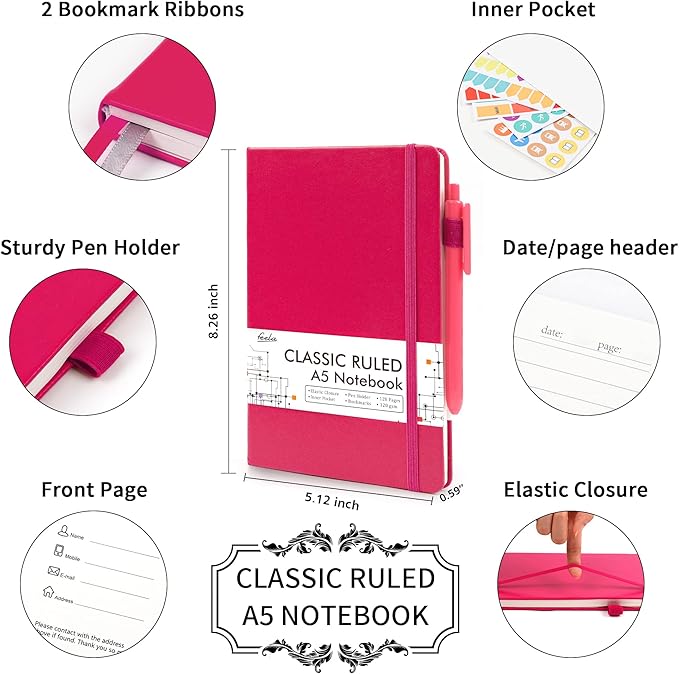 feela 12 Pack Notebooks Journals Bulk, Hardcover Notebook Classic Ruled Lined Journals with Pen Holder for Women Girls School Business Supplies, with 12 Black Pens, 120 GSM, 5.1”x8.3”, A5, Berry-DeskLoop Office