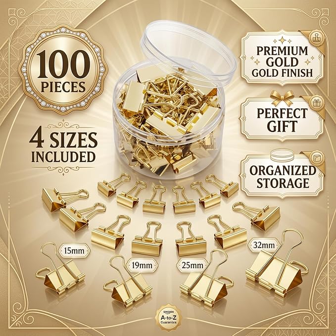 100 Pcs Rose Gold Binder Clips, Metal Paper Clamps - Image 3
