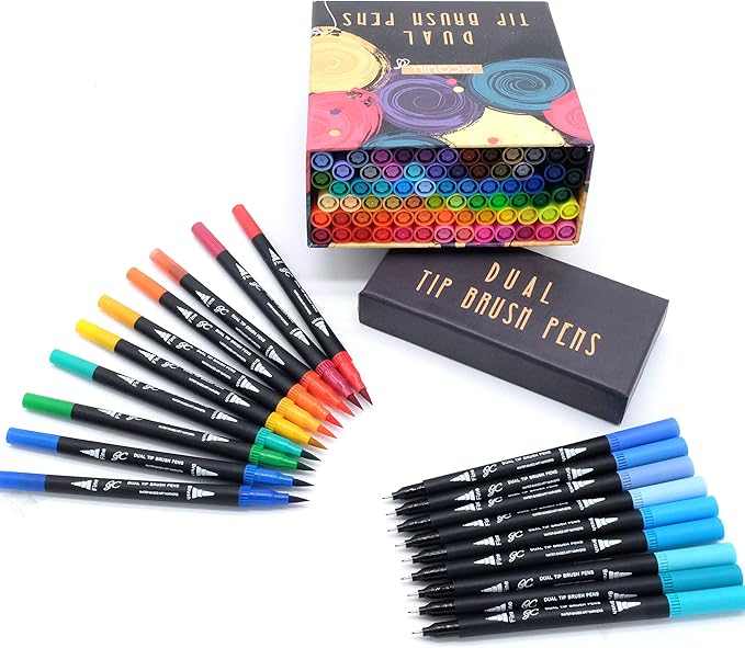 GC 72 Colors Dual Tip Brush Pens Highlighter 72 Art Markers 0.4mm Fine liners & Brush Tip Watercolor Pen Set for Adult and kids Coloring Books, Calligraphy, Hand Lettering, Note Taking-DeskLoop Office