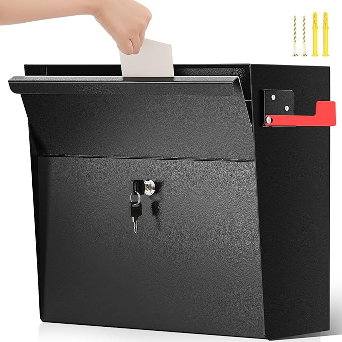 Extra Large Wall Mount Mailboxes for Outside 18 x 16.5 x 7 Inches Locking Security Mail Box Galvanized Steel Wall Mailbox Large Capacity Post Box with Key Lock and Reflective Stickers(Black)-DeskLoop Office