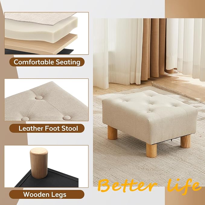Small Foot Stool Ottoman, Linen Footstool Ottoman Foot Rest - Image 5