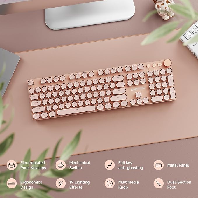 EWEADN Typewriter Style Mechanical Gaming Keyboard, Wired Mechanical Keyboards,104 Keys Backlit LED Keyboards, Media Control Knob, Wired Computer Keyboard Pink Switch for Windows/Mac/PC-Pink-DeskLoop Office